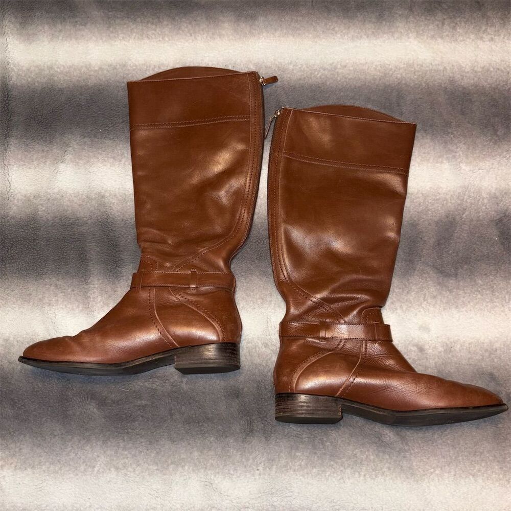 Tory Burch Women's Adeline Brown Leather Knee High Riding Boots Back Zip Closure - Picture 3 of 9